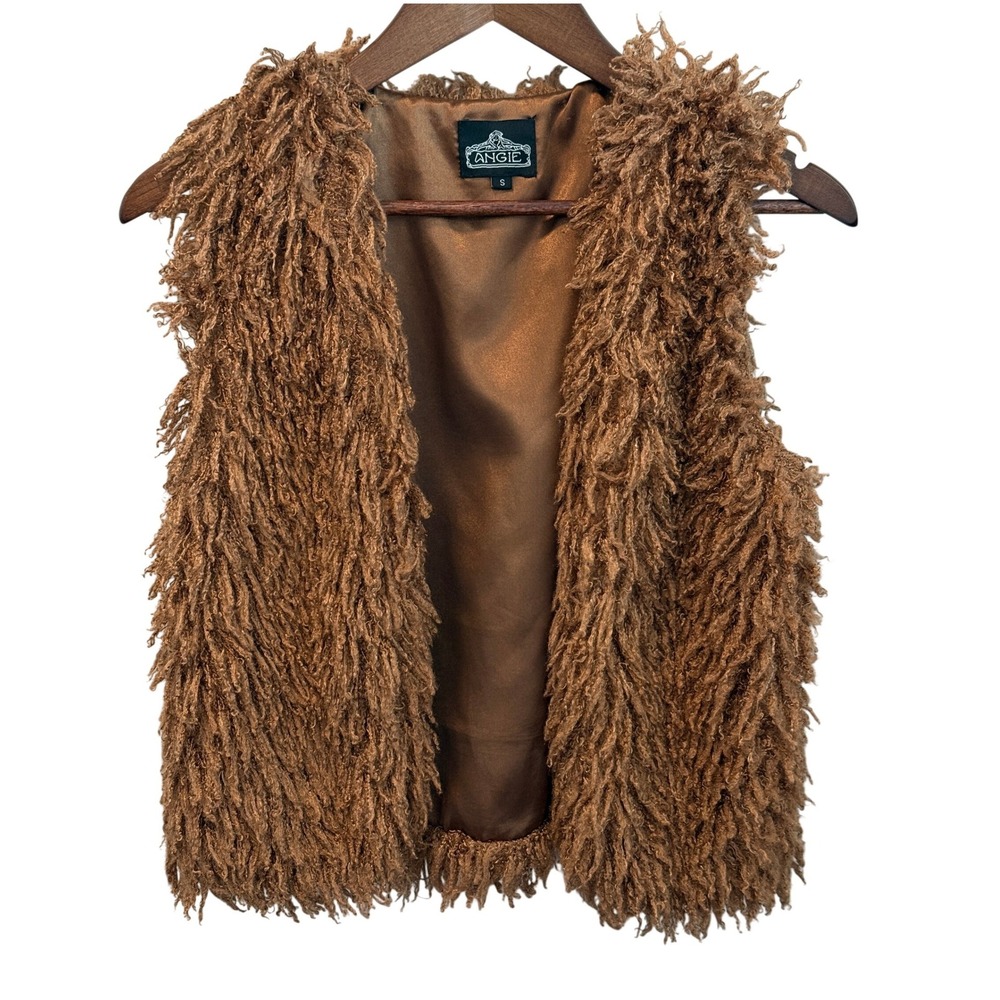 Angie Brown Faux Fur Shaggy Open Front Y2K Sleeveless Boho Vest size Small